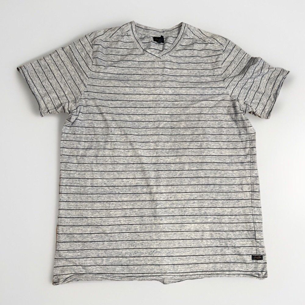 Good Man Brand Men Shirt Large Blue‎ Striped Short Sleeve Back Detail V Neck